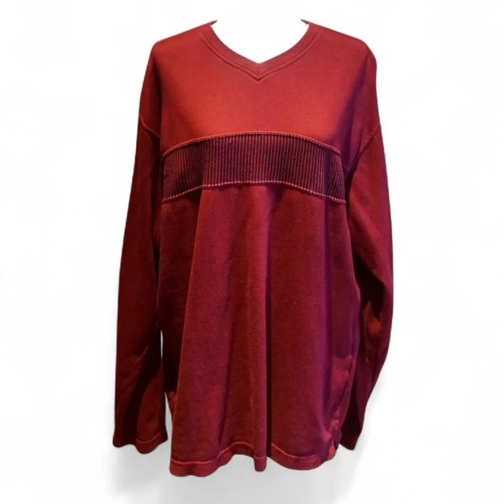 💚 VINTAGE CHAPS | RALPH LAUREN Red V-Neck Stripe Sweater (L)